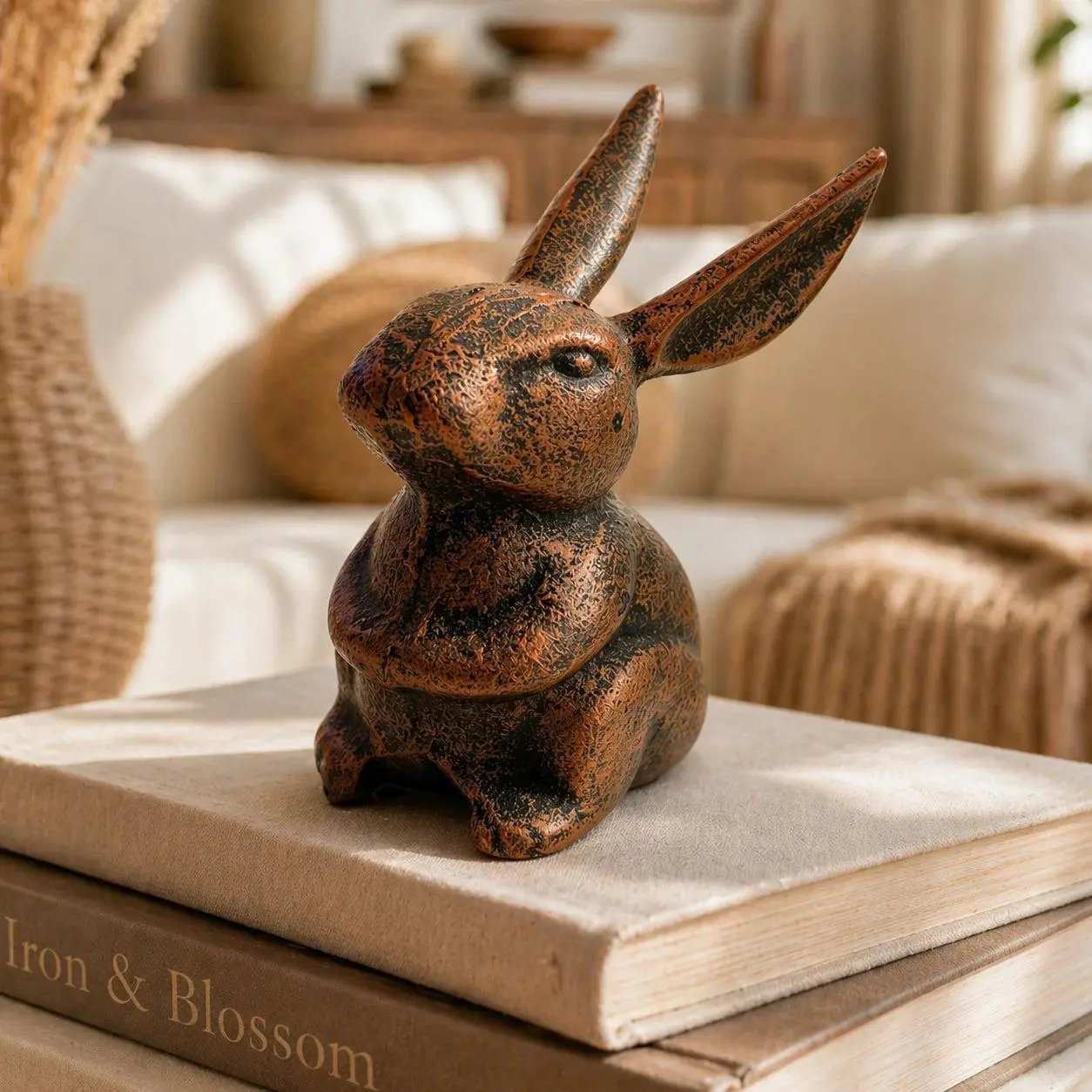 Bunny Statue, Copper Cast Iron Garden or Indoor Figurine, 4"