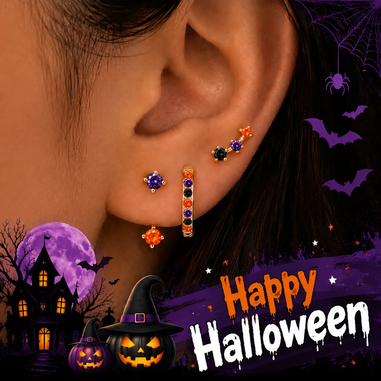 3 Pairs Halloween Dainty Small Earrings Set for Women, Birthstone Stud Huggie Hoop Jacket Stack for Cartilage Helix, Gold Plated Hypoallergenic Cute Women Fashion Accessories Western Jewelry Gifts