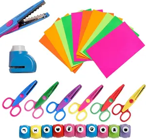 26Pcs Craft Scissors with Decorative Edge Crafting Set, Including 6 Scissors with Fun Decorative Edge - 10 Paper Hole Punch Shapes & 10 Colorful Pieces of Paper