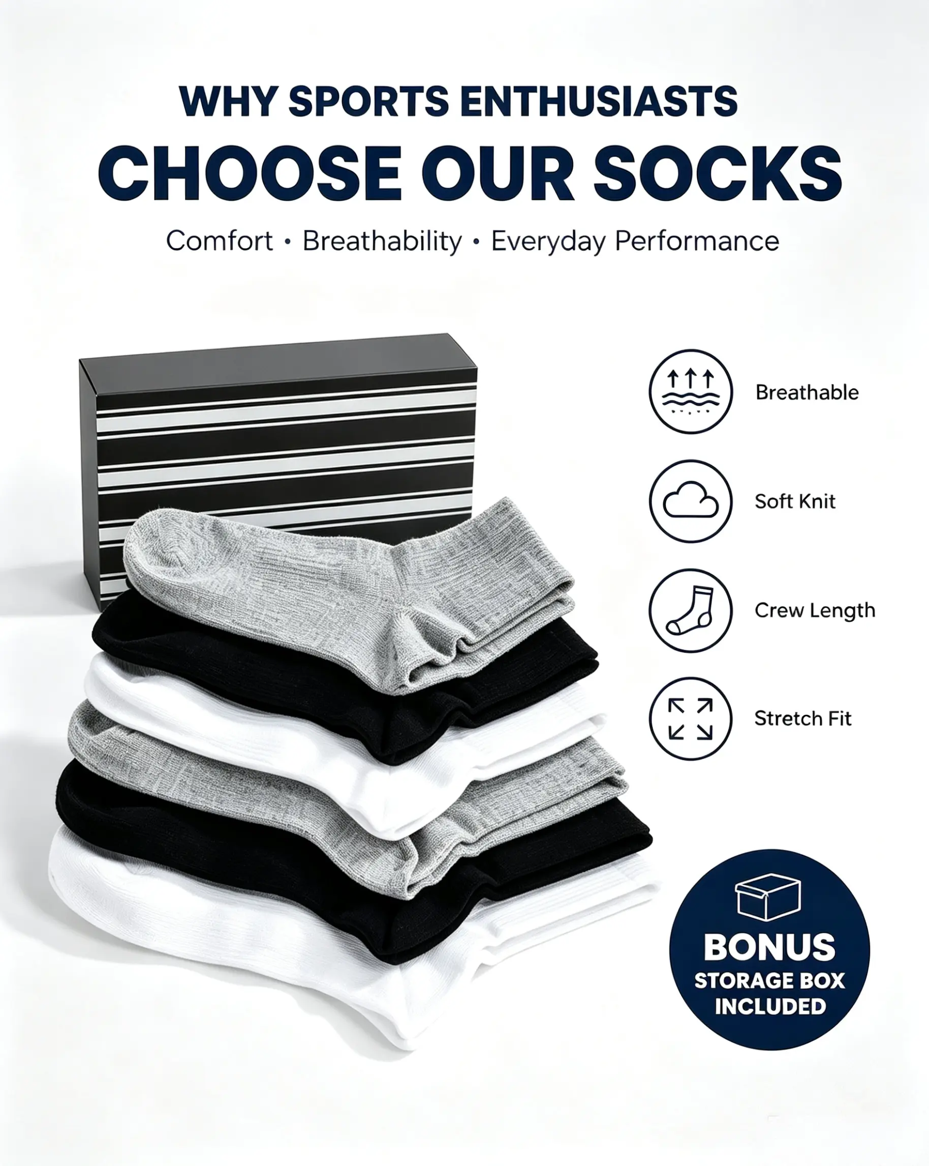 3 Pairs Athletic Crew Soc Men & Women, Breathable ks forCushioned Sports Running Socks with Storage Box
