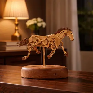 Handcrafted Wooden Qianlima (Galloping Horse) Automaton Ornament – Internal Gear – Christmas & Black Friday Gift Decor – Silent Non-Music Version – USB-C Rechargeable Battery
