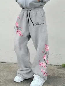 Men's Y2K Cherry Blossom Print Pants, Casual Loose-fit Streetwear Drawstring Trousers, Perfect for Daily Outfits