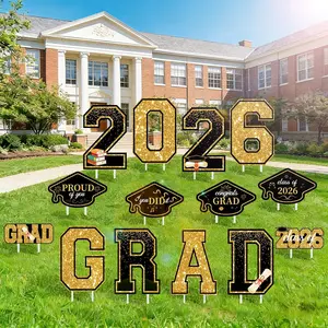 2026 Graduation Yard Decorations, 14PCS Black and Gold Congrats Grad Lawn with Stakes, Graduation Party Decorations for High School College Yard Lawn Decor