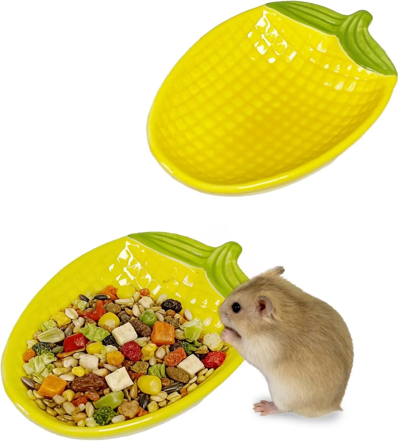2PCS Hamster Bowl, Hamster Food Dish Ceramic Food Water Feeding Bowl Small Animal Bowls for Gerbil Rat Mice Hedgehog (Corn)
