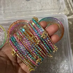 Colorful Rhinestone Kashmiri Bangles Set of 12 Multicolor Glitter Stones with 4 Ghungroo