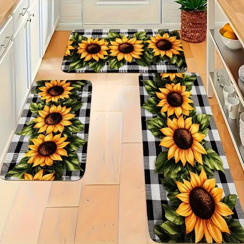 A 2/3pcs Kitchen Mat Set Featuring a Sunflower Pattern Area Rug, Perfect for Spring Kitchen Decor. It Includes a Buffalo Check Rug Made of Flannel, Suitable for Bedrooms, Living Rooms, Dining Rooms, Kitchens, Bathrooms, Entryways, And Laundry Rooms