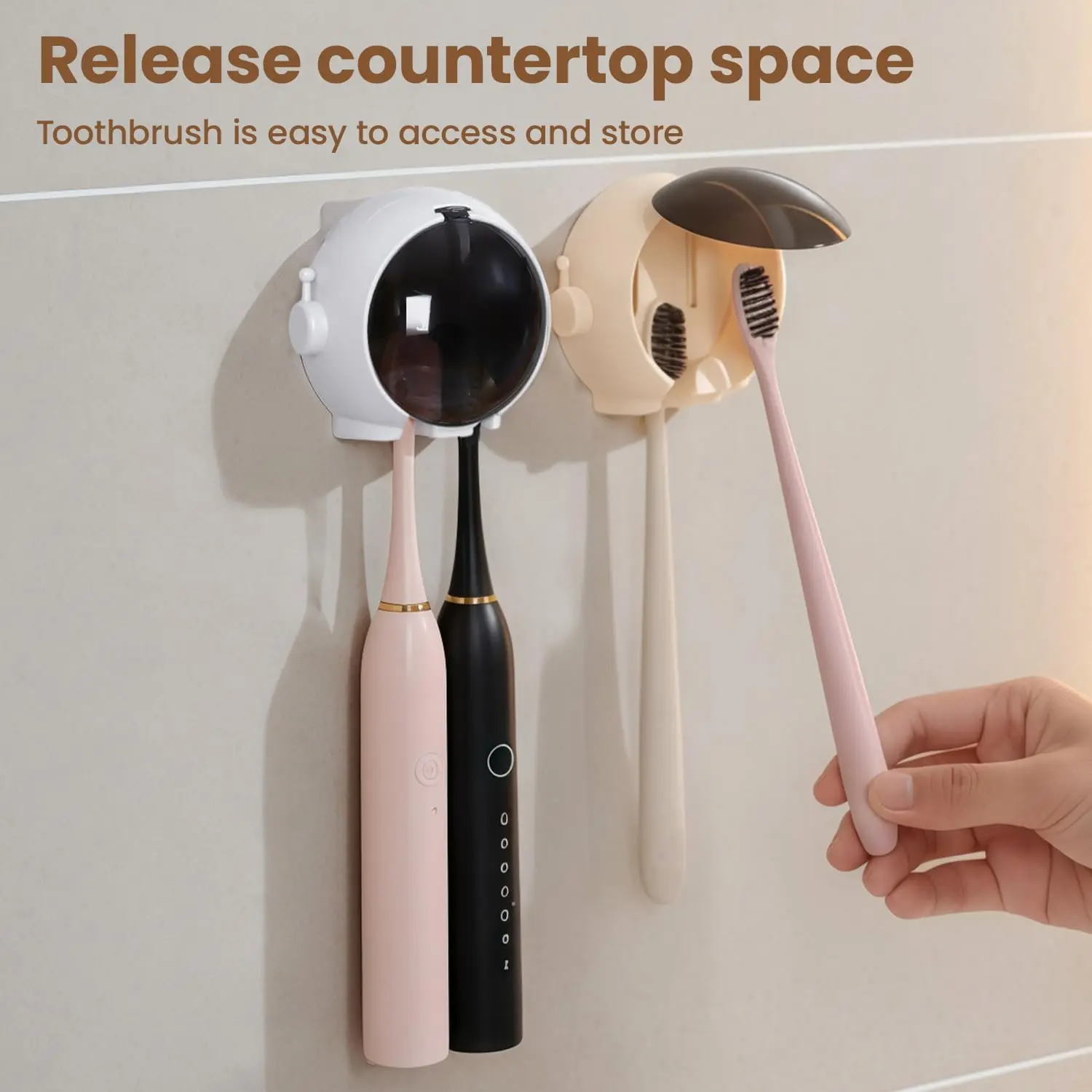 2Pcs Wall Mounted Toothbrush Holder with Dust Cover, No Drill Adhesive Toothbrush Rack for Electric & Manual Toothbrush Bathroom Storage, Random White Pink & Beige Color