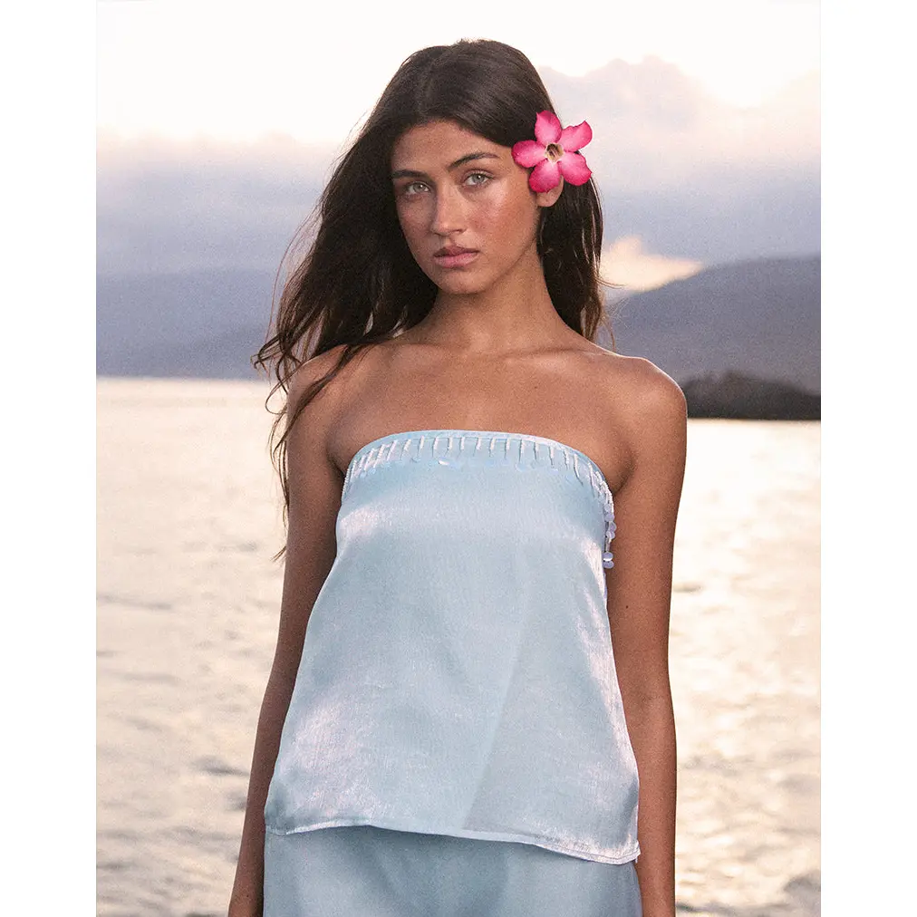 Women's Tasseled Bandeau Top in Light Blue Satin Organza with Beaded Neckline Detail, Regular Fit, Tasseled Detail