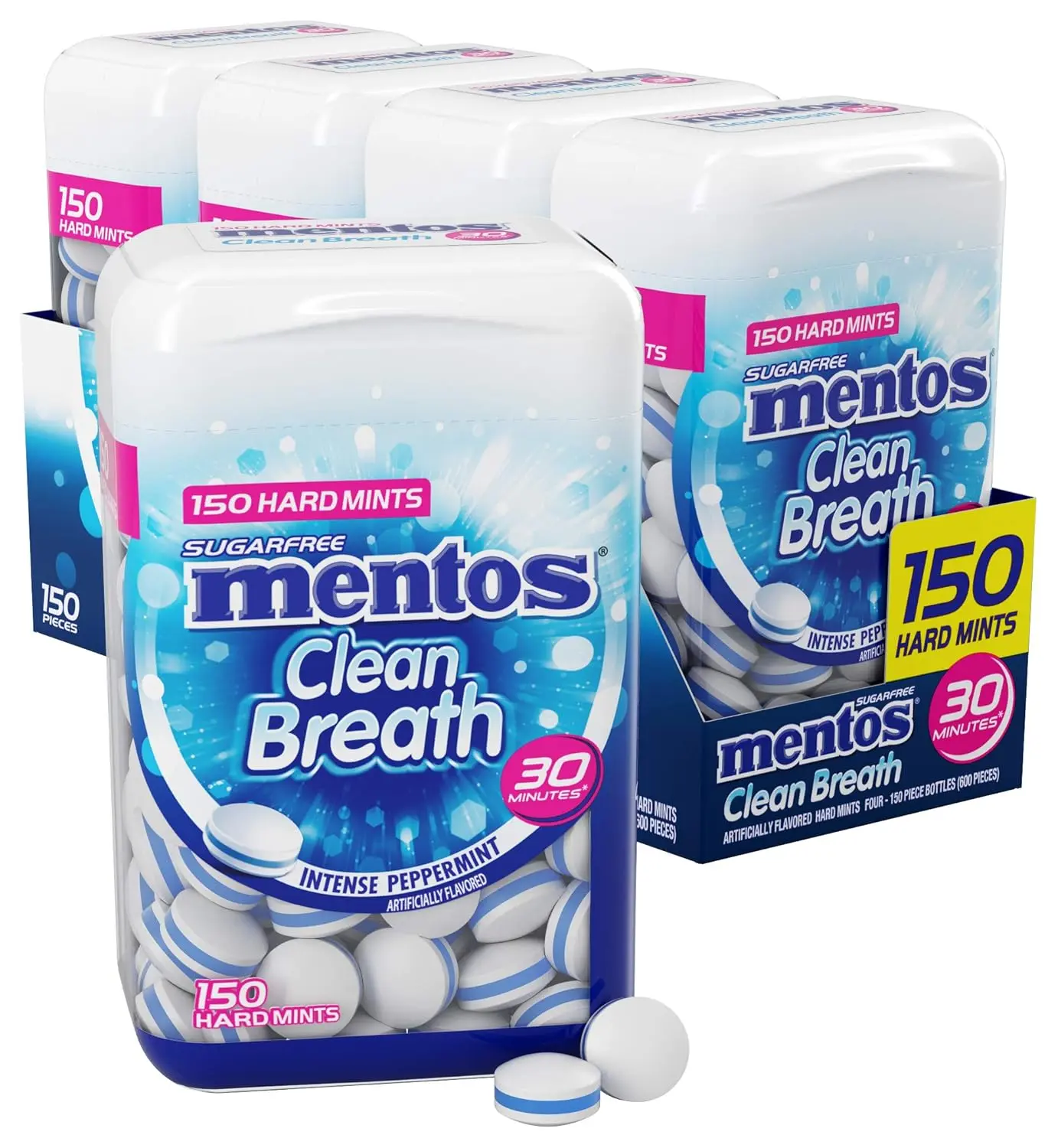 Clean Breath Sugarfree Hard Mint, 150pc, Intense Peppermint (Pack of 4 Bottles)