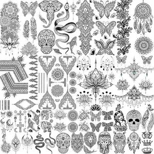 32 Sheets 89+ PCS Black Lotus Temporary Tattoos For Women Hands Adults Underboob, Tribal Indian Elephant Skull Snake Fake Tattoos, Bulk Bohemia Butterfly Tattoo Kit Sets Mandala Flower Moon