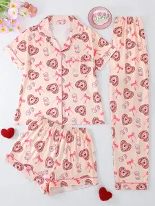 Women's 3-Piece Sleepwear Set, Pajama Set, Casual Cartoon Heart Butterfly Knot Pattern, Fitted Short Sleeve Top & Shorts Pants, All Seasons,Valentine's Day, Sleepwear Pajamas Set
