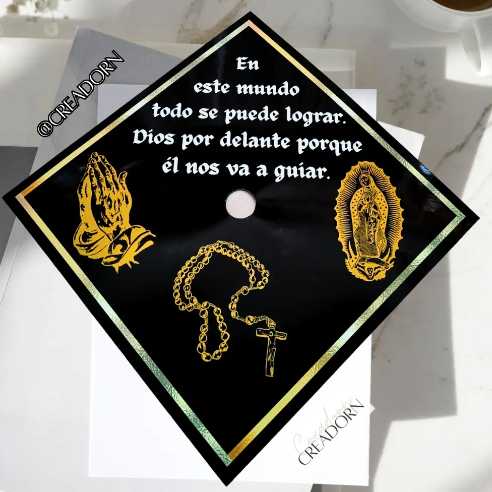 Dios por Delante Graduation Hat Decoration-Blessed Virgen Rosary Grad Cap Topper (Print)