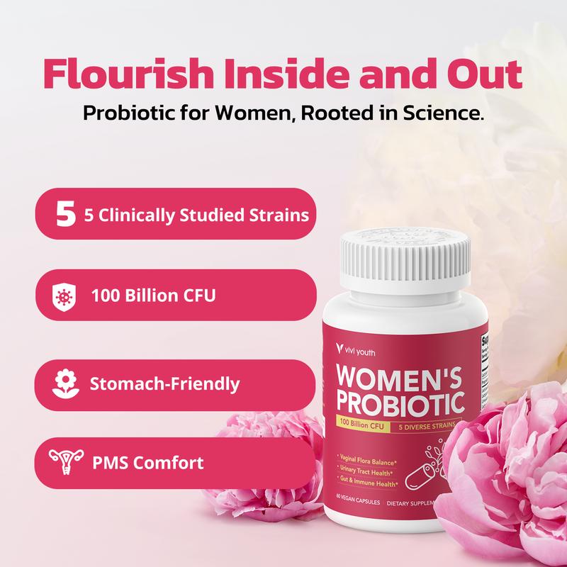 VIVI Youth Probiotics – pH Balance, Feminine Odor Control & Yeast Support, Probiotics for Women with Prebiotics & Lactobacillus Blend, 60 Capsules