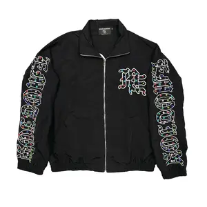 Oversized Gothic Letter Embroidered Rhinestone Zip-Up Windbreaker, Vintage Washed Coach Jacket, Y2K Grunge Streetwear, Unisex Edgy Layering Coat for Men Women Fall Winter Daily & Festival OOTD