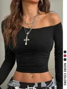 Women's Long Sleeve Basic Simple Minimalist Sexy Fashion Casual Outdoor Tight Fit Asymmetrical Shoulder Design T-Shirt Tee Top Womenswear