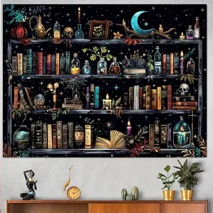 Witchcraft Bookcase Tapestry for Dark Aesthetic Décor, Boho Wall Hanging for Meditation & Living Room, Mystical Background Fabric