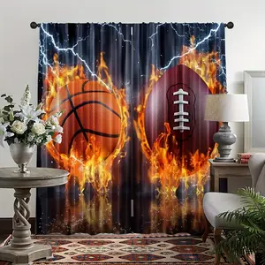 [Football Sports Theme Curtains] 2pcs Football Sports Theme Curtains - Vibrant Flames & Footballs Design, 100% Polyester, Rod Pocket Hanging (No Rod Included), Machine Washable for Small Windows, Cafe, Kitchen, Bathroom, Kitchen Decor Football Room Decor