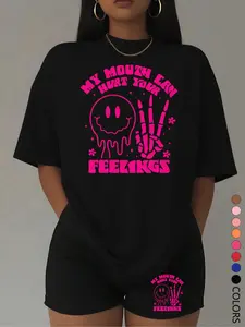 Two-piece Set Women's Skeleton Ghost & Letter Print, Casual Short Sleeve Round Neck T-shirt & Skinny Pants for Daily Wear, Ladies Clothes for All Seasons, Suits, Womenswear, Lounge Shorts Set