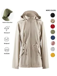 Women's Solid Woven Drawstring Pocket Zipper Design Hooded Jacket, Casual Long Sleeve Button Waterproof Windbreaker Jacket for Spring & Fall, Ladies Clothes for Outdoor Activities