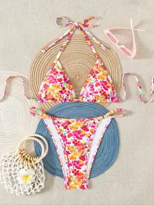 Fashion Floral Print Bikini Two-Piece Set, Women's Beach Swimwear, European and American Style, Floral Print Swimsuits