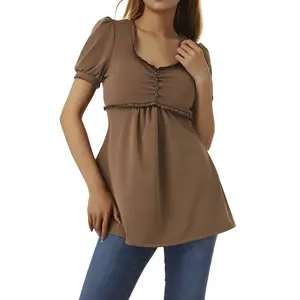 women's clothes Summer Elegant T-shirt, Short Sleeves V-Neck Ruffled Bead Decoration A-Line Tops