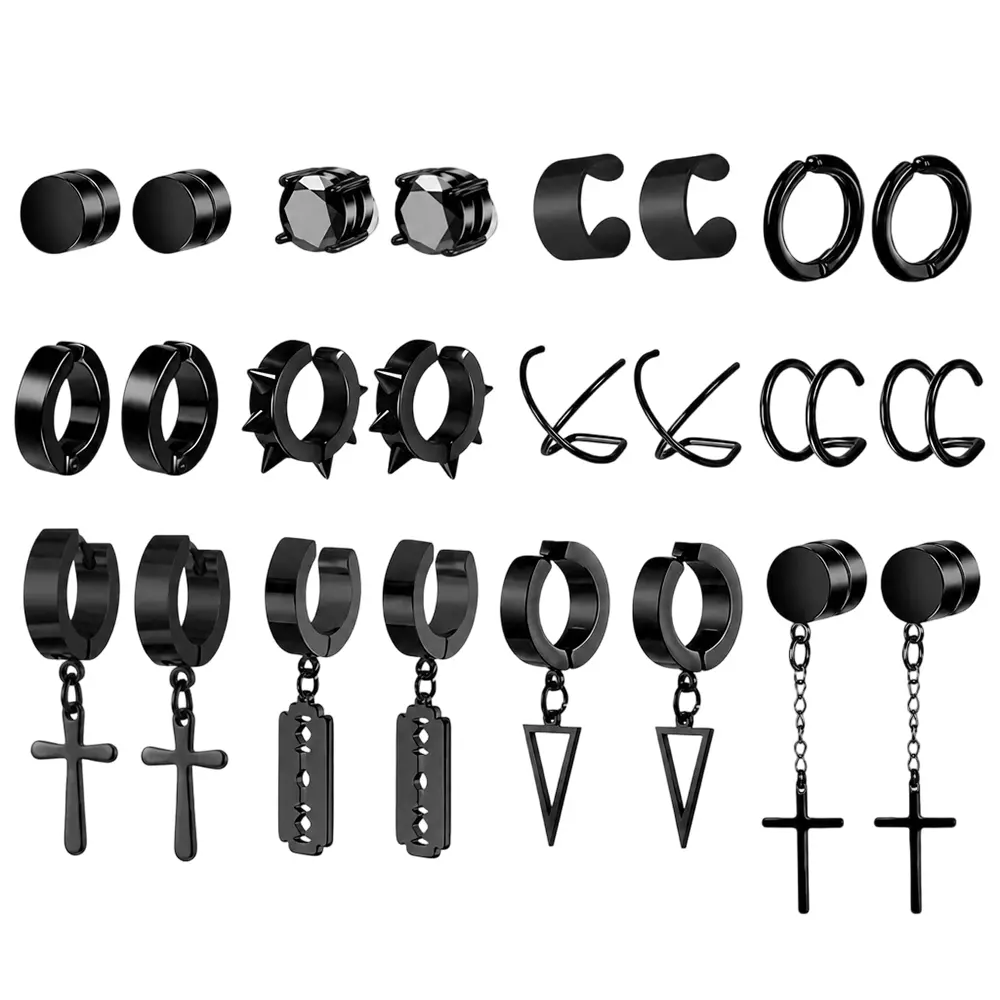 12 Pairs Black Magnetic Earrings: Clip On, Hoop & Dangle Designs - Non-Piercing Set for Men & Women