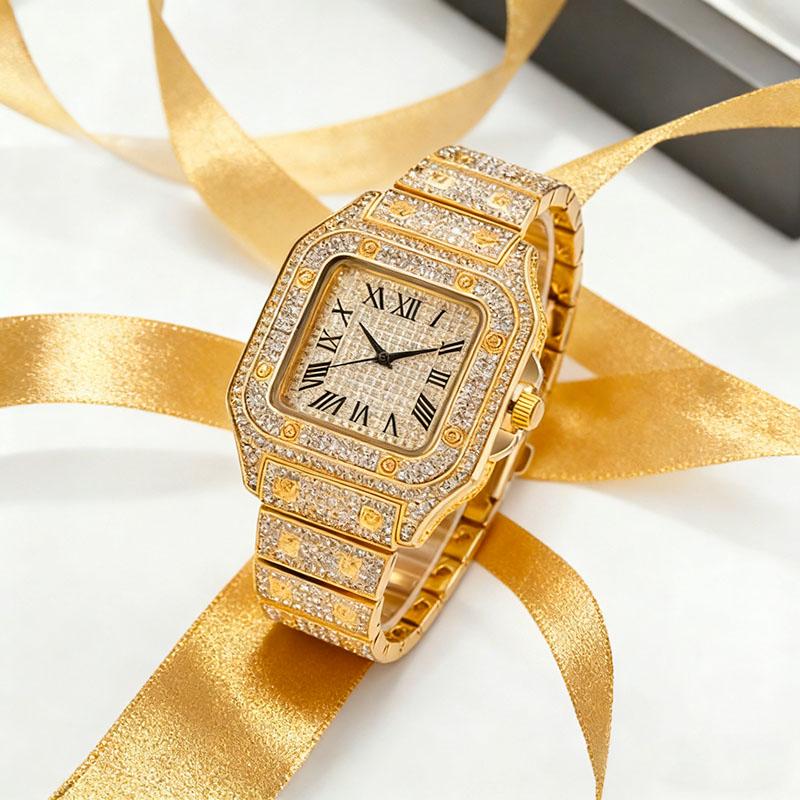 AIMANA Stylish Full-Diamond Square Watch – Sparkling crystal design, Roman numeral dial, high-quality quartz movement, suitable for parties and everyday wear, an ideal holiday gift.