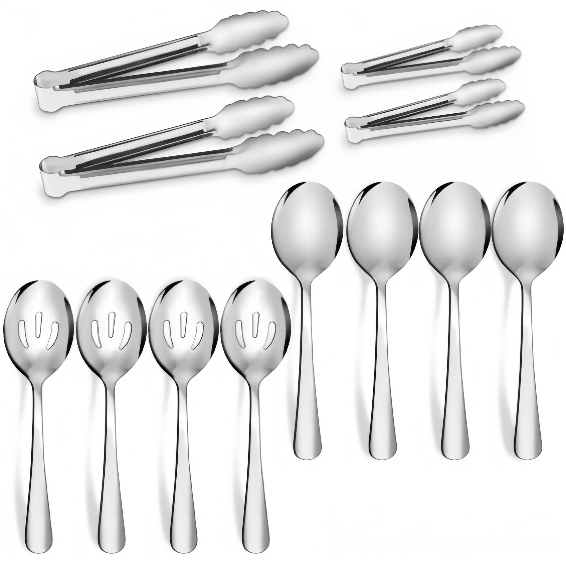 12 PCS Serving Utensils Set Flatware, Stainless Steel Serveware Large Serving Spoons, Slotted Spoons, Tongs, Cake Server,Soup and Skimmer Spoon for Buffet, Catering, Party, Dinner Silver.Christmas and New Year Event Party Supplies