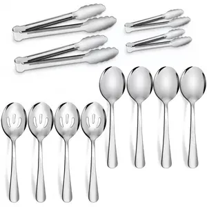 12 PCS Serving Utensils Set Flatware, Stainless Steel Serveware Large Serving Spoons, Slotted Spoons, Tongs, Cake Server,Soup and Skimmer Spoon for Buffet, Catering, Party, Dinner Silver.Christmas and New Year Event Party Supplies