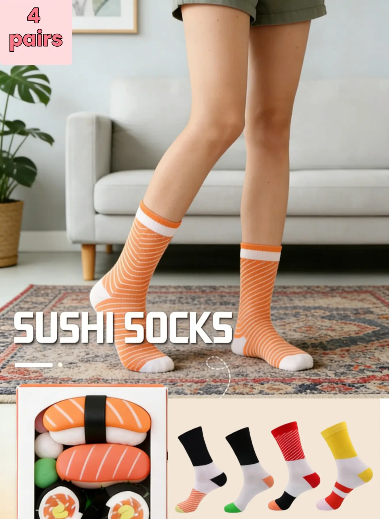 4 Pairs Women's Sushi Salmon Socks, Creative High-Cut Boxed Funny Long Socks, Patchwork Cotton Socks for Home, Party, Date