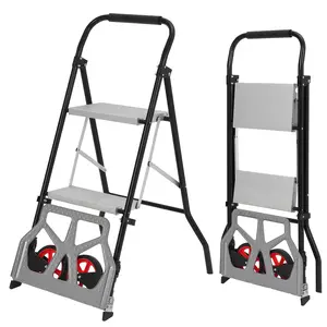 GARVEE 2 Step Ladder and Folding Hand Truck - 2 in 1 Aluminum Dolly Cart with Foldable Wheels, 220 lbs Capacity, Portable Step Stool with Wide Non-Slip Pedal for Household and Kitchen Use