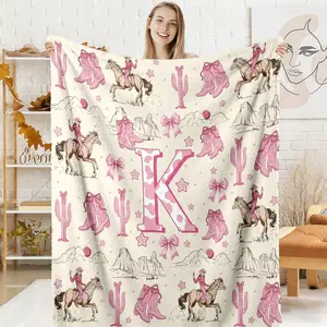 Personalized Initial Cowgirl Throw Blanket, Pink Western Flannel Blanket, Monogrammed A-Z, Soft Cozy Warm Throw, Coquette Boot Horse Cactus Design, Personalized Letter Gift for Her Girlfriend, Trendy Boho Bedroom Living Room Couch Decor ﻿