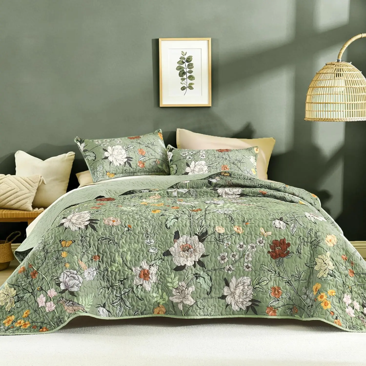Floral Green Quilt King Size - 3 Pieces Sage Botanical Birds Pattern Quilt Bedding, Spring Lightweight Soft Coverlet for All Seasons (106"x96")