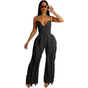 Women 2 Piece Outfits Fringe Tassel Long Pants Set Adjustable Suspenders Bodysuit Spaghetti Strap Clubwear Jumpsuits
