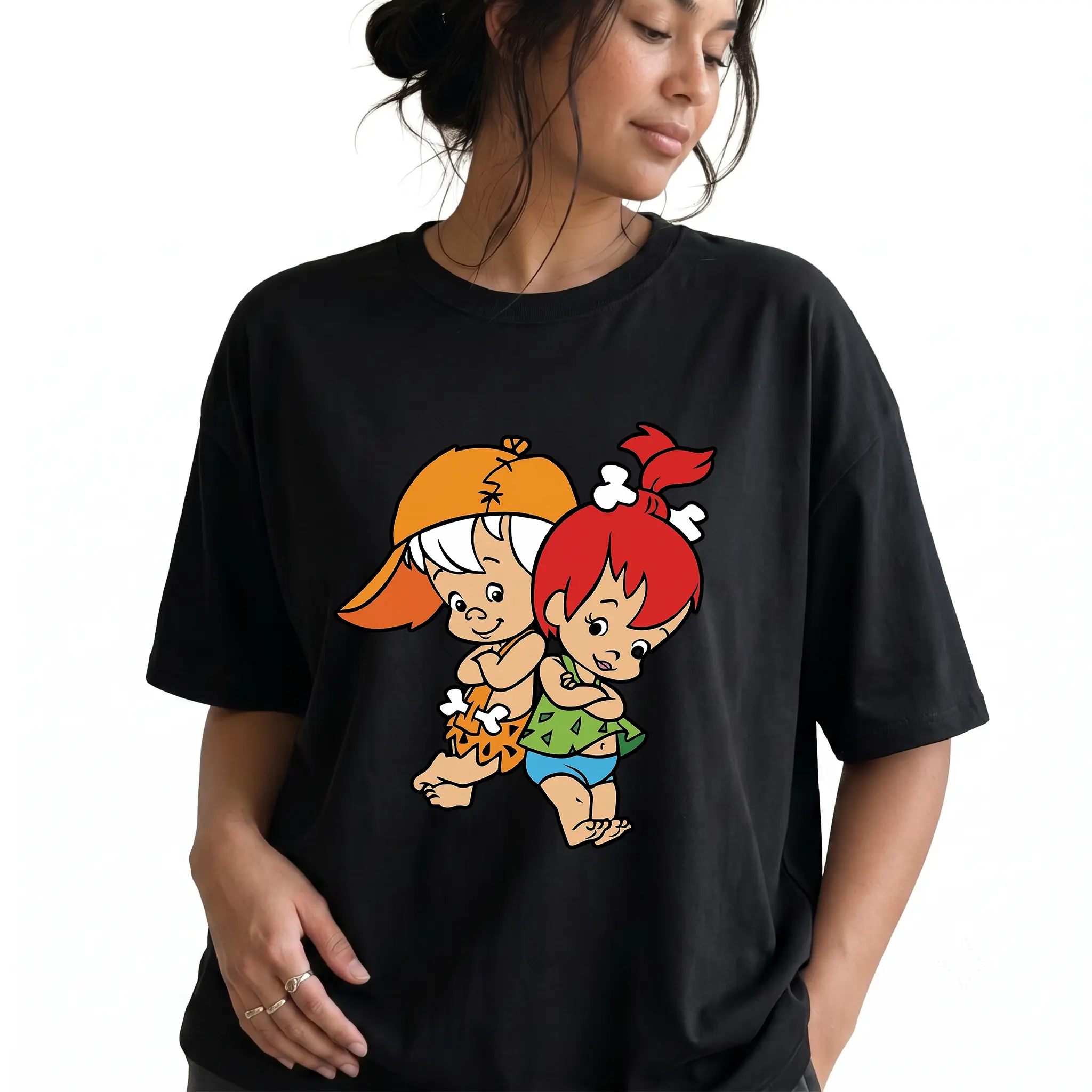 Women's 180g Black Cotton Crewneck Short Sleeve Graphic Tee - Cute Cartoon Flintstones Pebbles and Bamm-Bamm Printed Design Trendy Casual T-Shirt