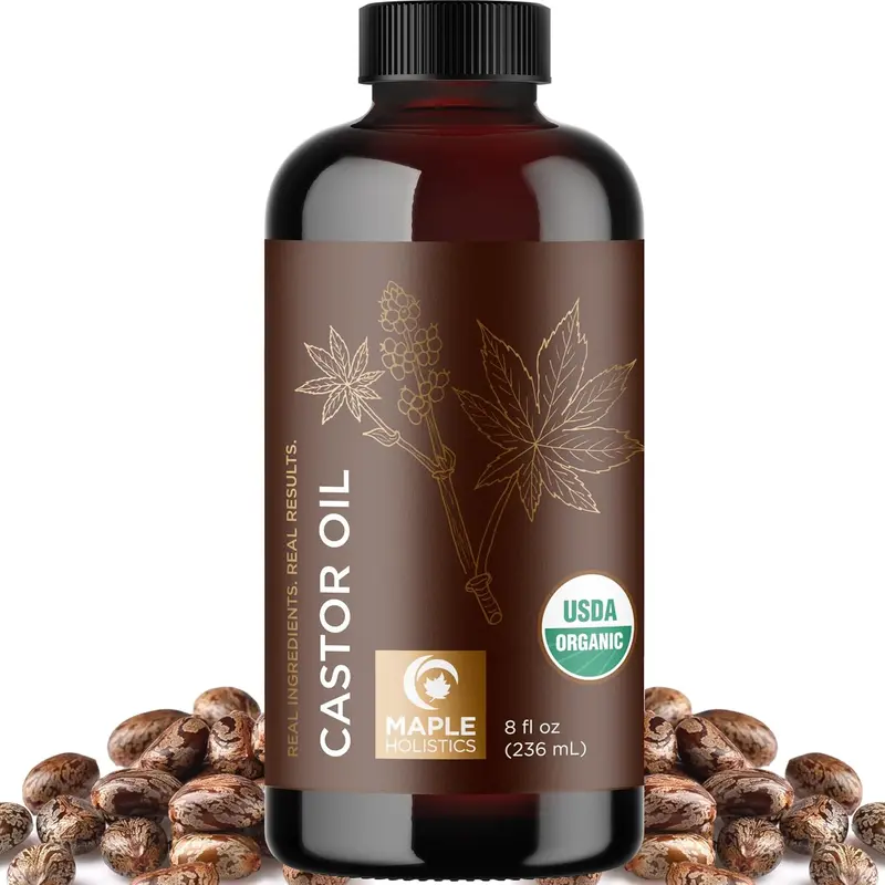Maple Holistics USDA Organic Castor Oil - Cold Pressed Carrier Oil for Hair, Skin & Lashes Organic Castor Oil Moisture Cosmetic  Hydrating Body Care Moisturizer Haircare