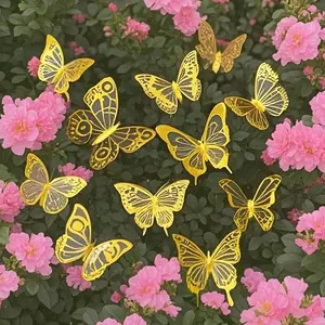 10pcs 3D Golden And Colorful Butterfly Wall Decals - Reusable Self-Adhesive Shimmering Plastic Decorative Stickers for Home Decor, Party Balloons, Cake Art, Crafts, Bouquets & Gift Embellishments, Butterfly Decorations