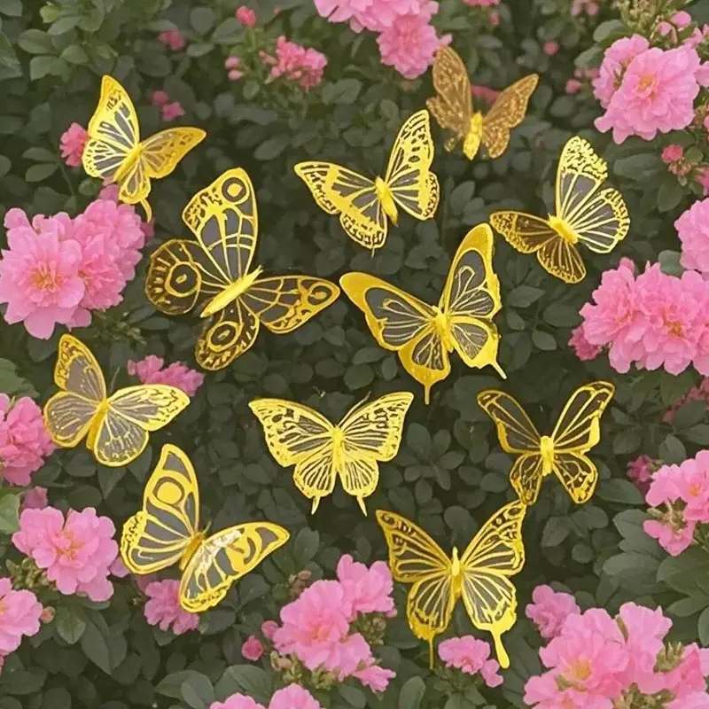 10pcs 3D Golden And Colorful Butterfly Wall Decals - Reusable Self-Adhesive Shimmering Plastic Decorative Stickers for Home Decor, Party Balloons, Cake Art, Crafts, Bouquets & Gift Embellishments, Butterfly Decorations