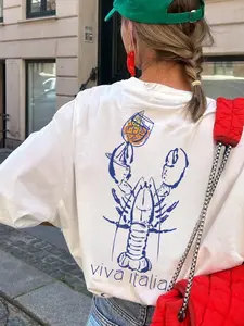 Viva Italia Lobster Aperol Spritz T-Shirt, Casual Loose-Fit Short Sleeve, Pure Cotton, Italian Summer Style, Perfect for Beach Lovers