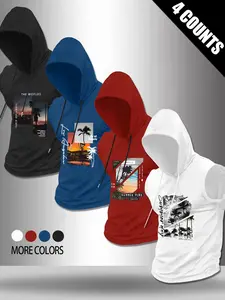 Men's Summer Style Sleeveless Hooded Vest Set, Loose-Fitting Letter Print Design, Ideal for Gym & Casual Wear, Sporty Four-Piece
