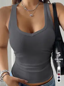 2026 Spring Summer Women's Ribbed Tank Top, V Neck Racerback Sleeveless Cami, Slim Fit Stretchy Basic Minimalist Knit Camisole for Casual & Workout