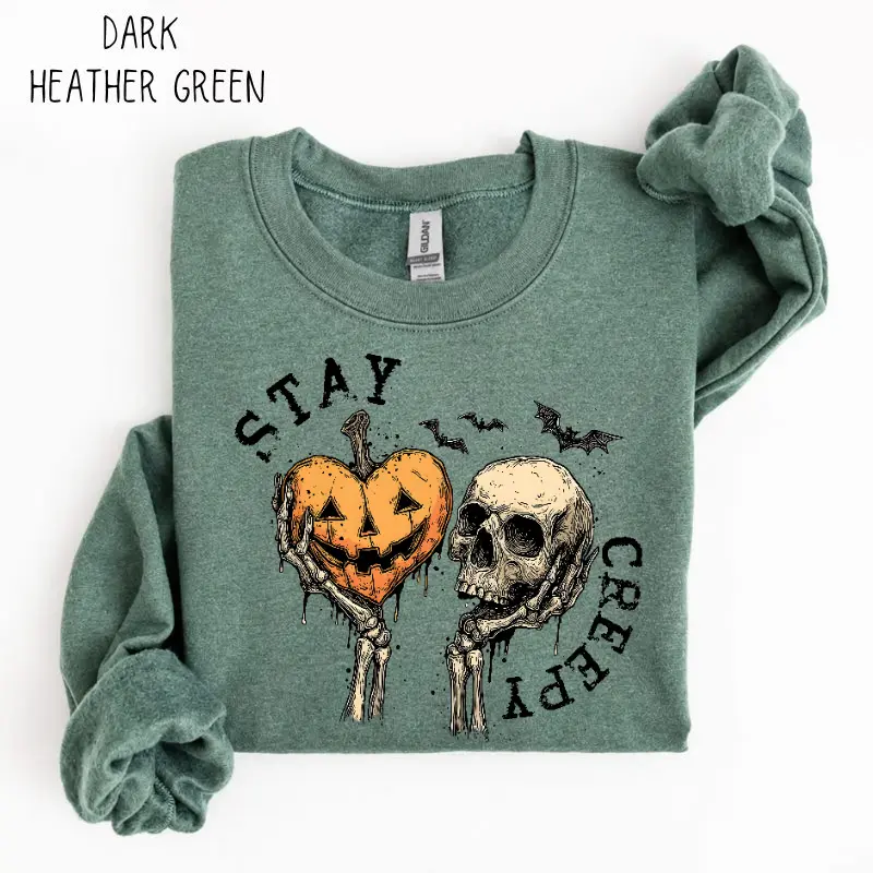 Stay Creepy Sweatshirt, Retro Dripping Heart Halloween Crewneck, Skeleton Hand Spooky Graphic Pullover