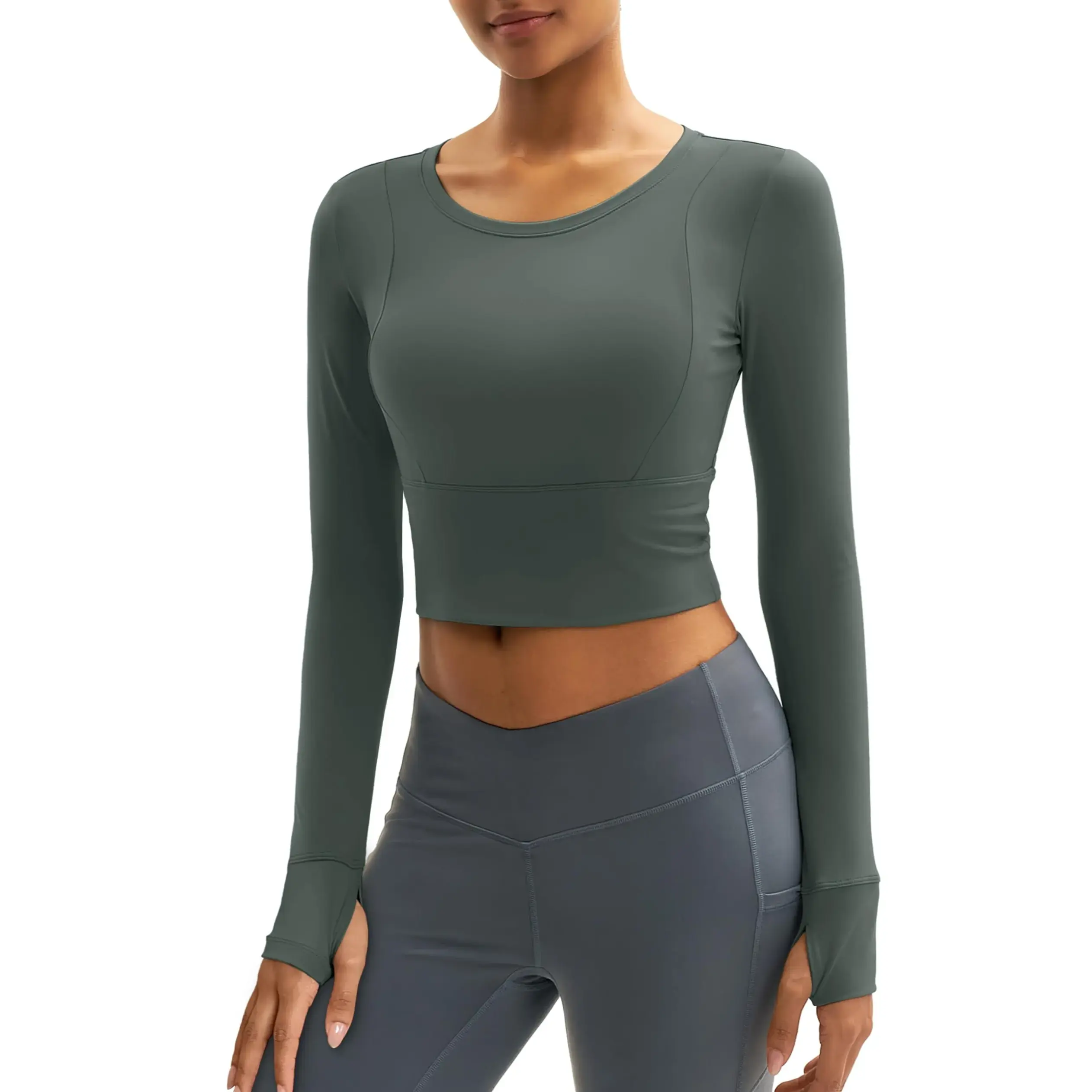 Cotrasen Women's Long Sleeve Crop Workout Tops Slim Fit Yoga Gym Shirts Athletic with Thumb Holes