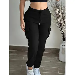 Black women’s work pants with an elastic drawstring waist and multiple pockets—regular-fit, long casual workwear pants suitable for all seasons; minimalist solid-color design with a basic fit.