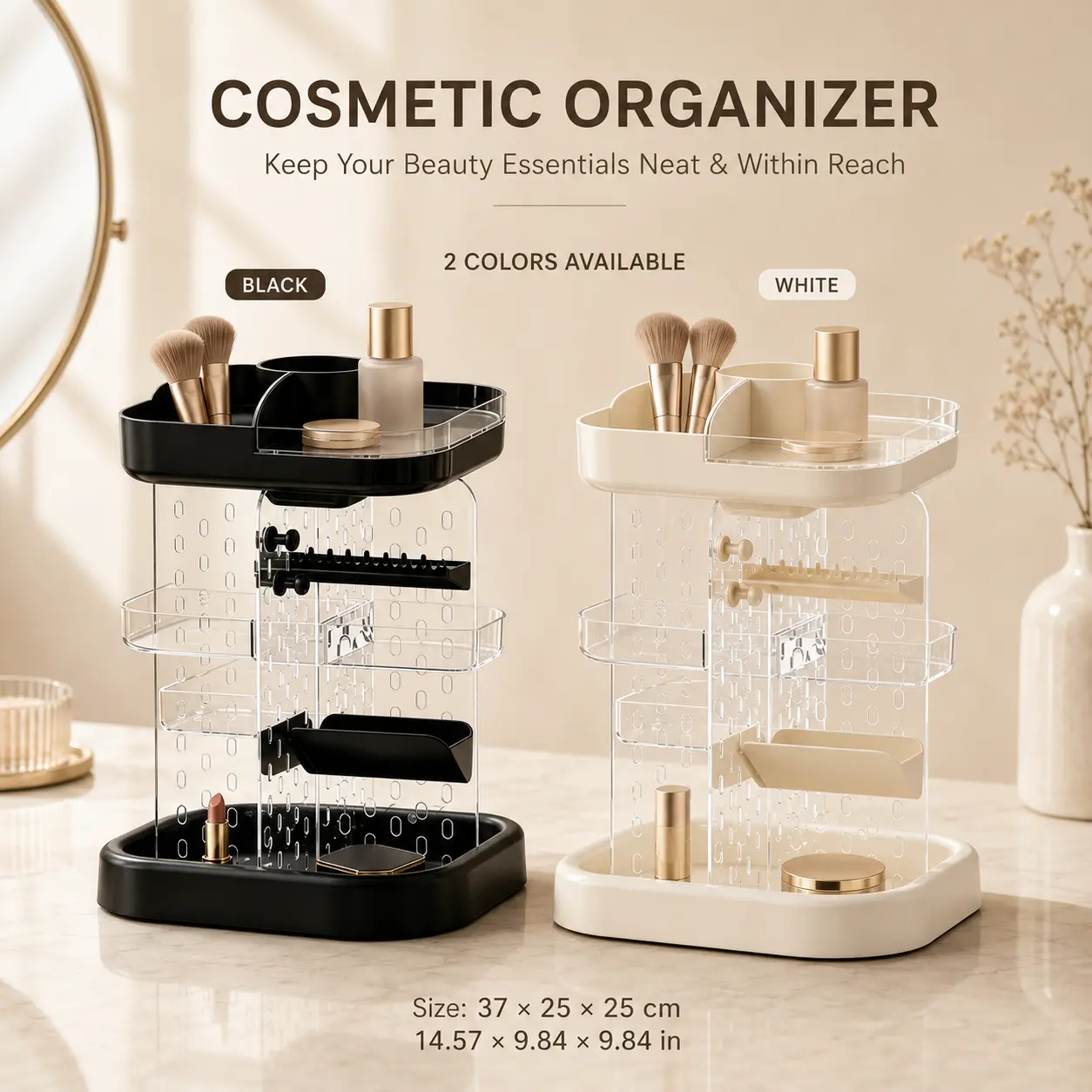 360° Rotating Makeup Organizer with Adjustable Shelves, Large Capacity Cosmetic and Skincare Storage for Vanity Countertop