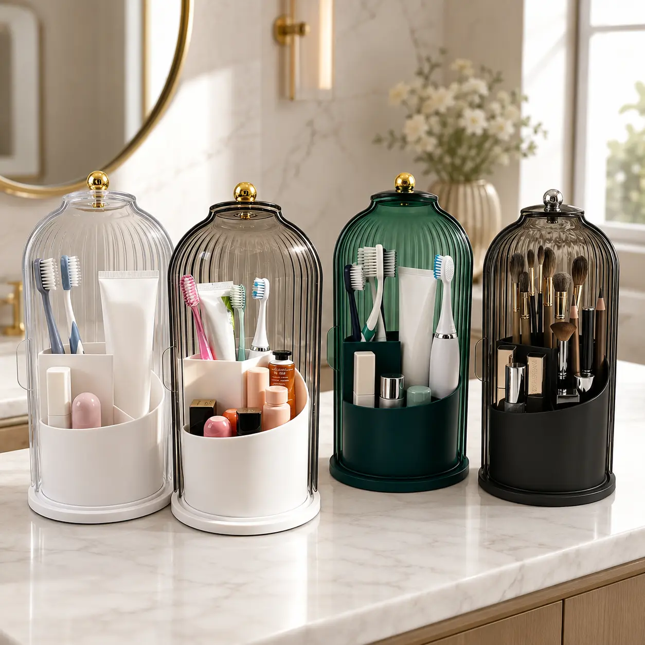360° Rotating Makeup Brush Holder Organizer with Lid - Dustproof Compartmentalized Storage Box for Vanity Bathroom Countertop, Beauty & Toothbrush Tool Organizer for Bedroom Dressing Table