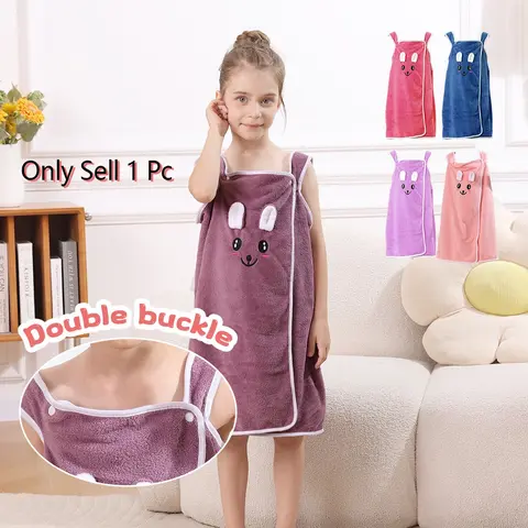Kids Bath Towel Wrap with Cute Bunny Ears, Microfiber Cartoon Bath Skirt for Girls, Lightweight Easy Care Bathrobe, Age 6-12, 250gsm, Casual Comfy Loungewear
