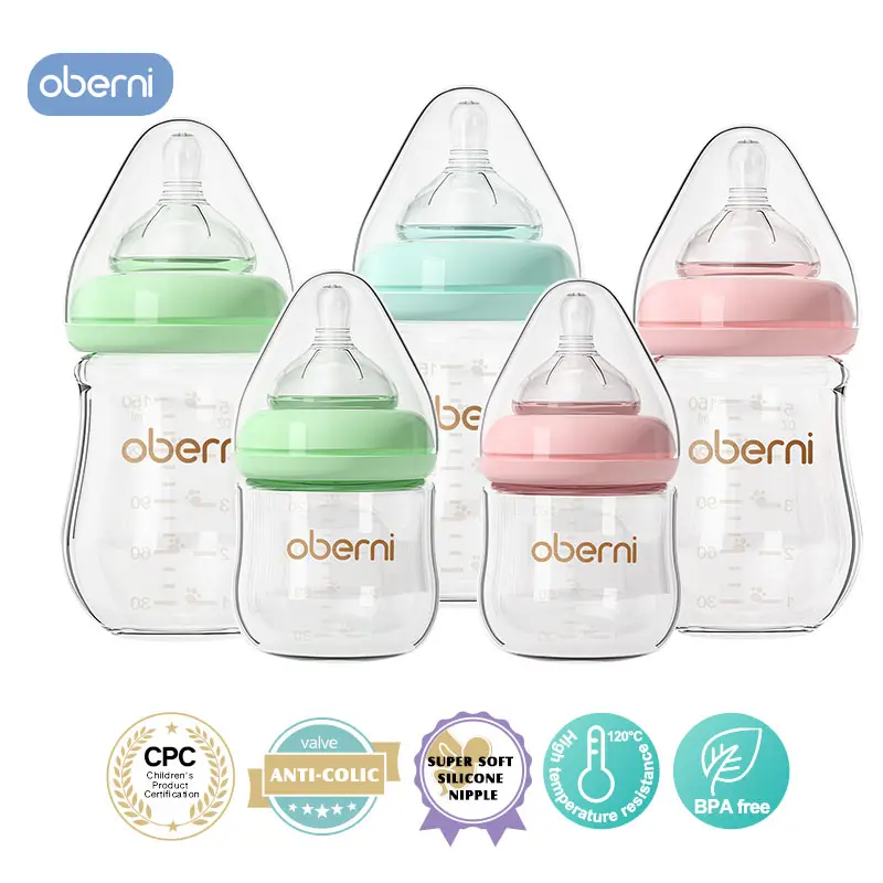 Oberni Breastfeeding Bottle,120ml/4oz Glass Anti Colic Baby Bottles with Natural Response Nipple and BPA Free for Newborn Preemie 0-3 Months