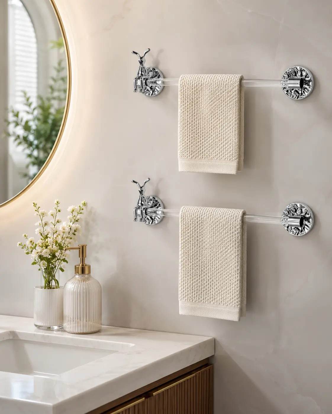 2-Pack Decorative Rabbit Towel Bars, 11.8in / 30cm Wall-Mounted Towel Organizer, Clear Acrylic Rod with Polished Silver-Tone Textured Bases for Bathroom, Kitchen & Vanity