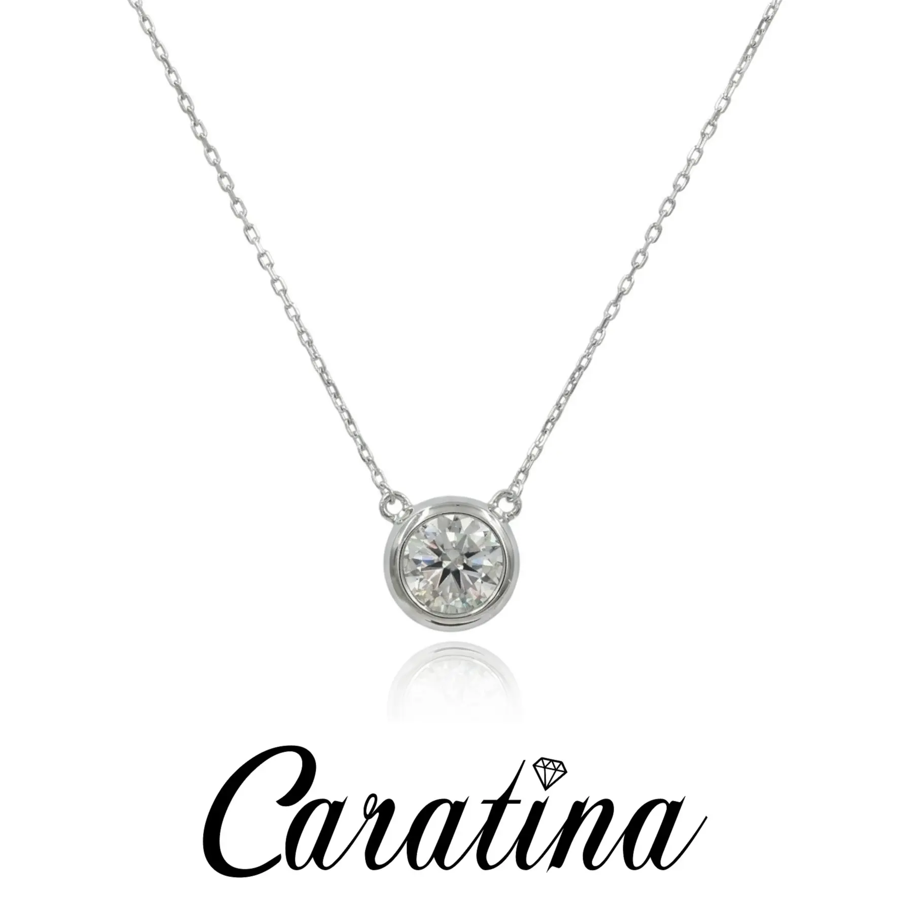 Caratina 925 Sterling Silver Adjustable Bezel Setting Pendant Necklace, Round D Color Synthetic Moissanite (0.5CT/1CT/2CT), Sparkling Chain Jewelry, Perfect Birthday & Engagement Gift for Women